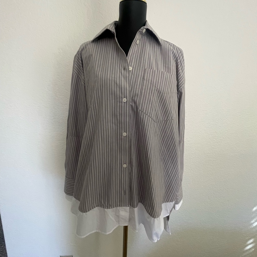 Zara Gray Pinstripe Layered Hem Button-Down Blouse